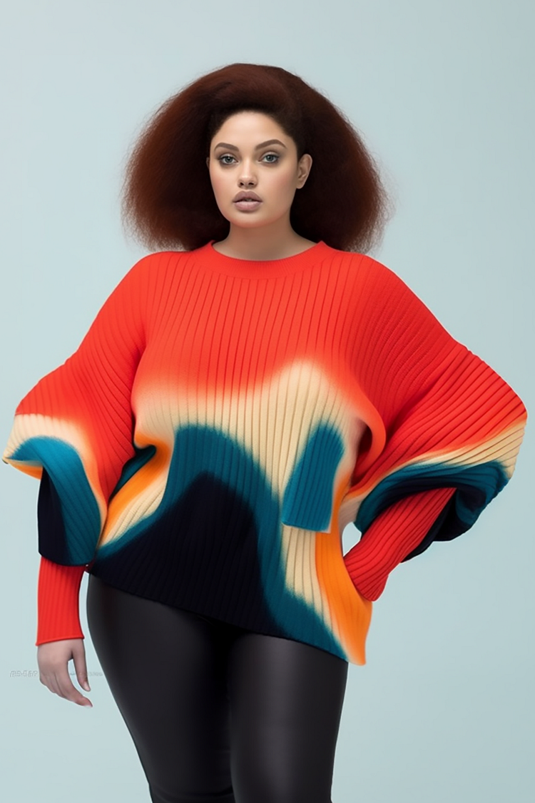Plus Size Daily Sweaters Casual Red Geometric Fall Winter Crew Neck Lantern Sleeve Long Sleeve Crochet Sweaters [Pre-Order]