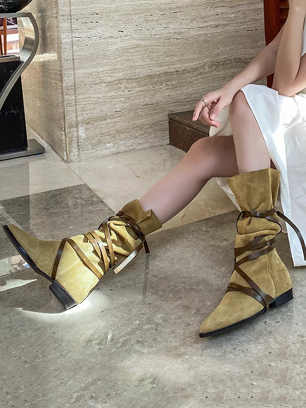 Casual Flat Heel Lace-Up Solid Color Boots