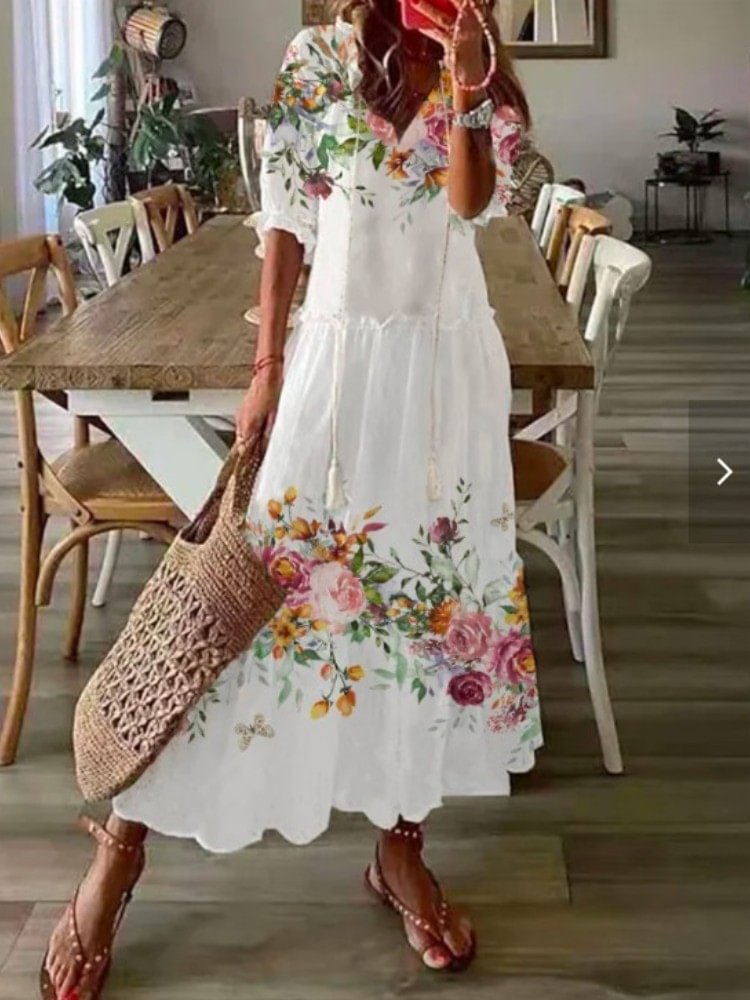 Comstylish Flowers Art Ruffle Maxi Dress
