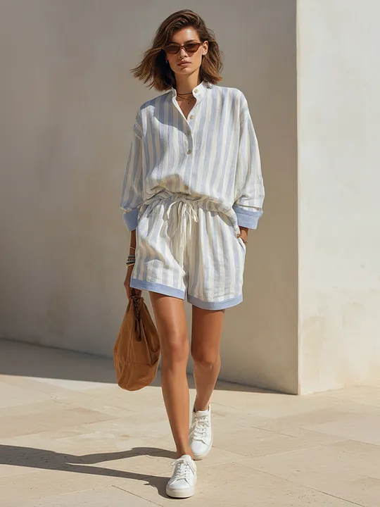 Women’s Minimalist Striped Button-Up Shirt And Drawstring Shorts Set MD