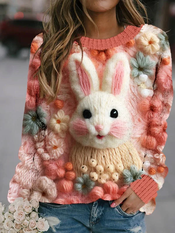 VChics Easter Fluffy Bunny Embroidery Pattern Cozy Sweater