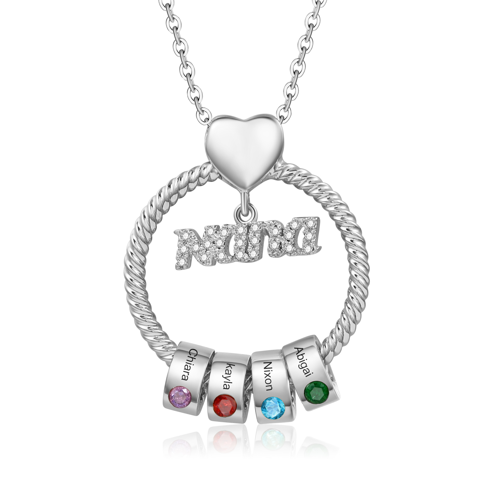 4 Names Personalized Nana Circle Necklace With 4 Birthstones Pendant