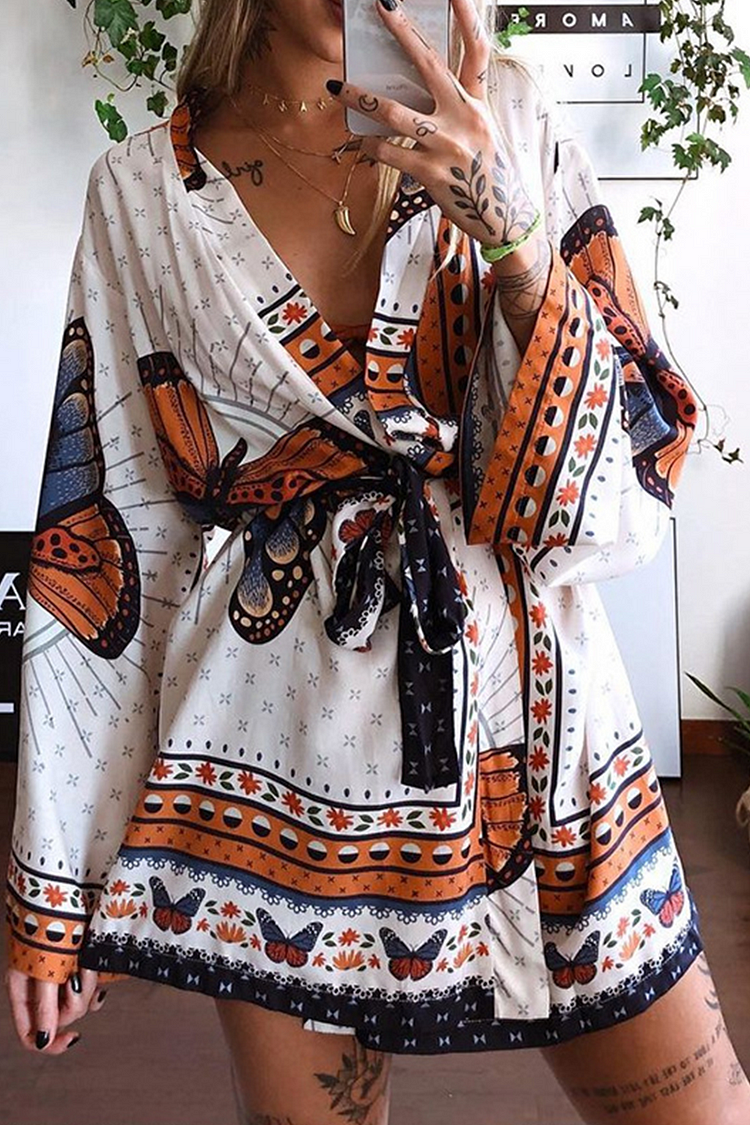 Casual Print Split Joint V Neck Cake Skirt Dresses - Life is Beautiful for You - SheChoic