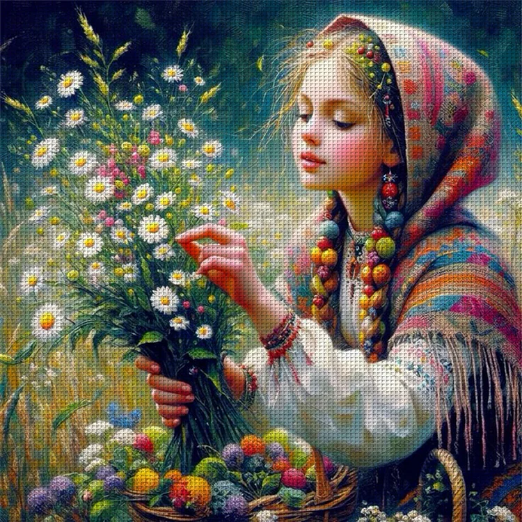 【Yishu Brand】Girl Picking Flowers 11CT Stamped Cross Stitch 50*50CM (42 Colors)