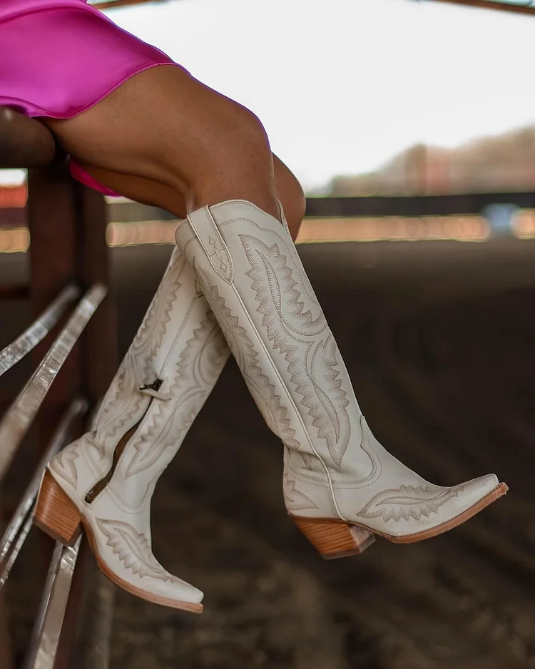 Cowgirl Western Embroidered White High Boots