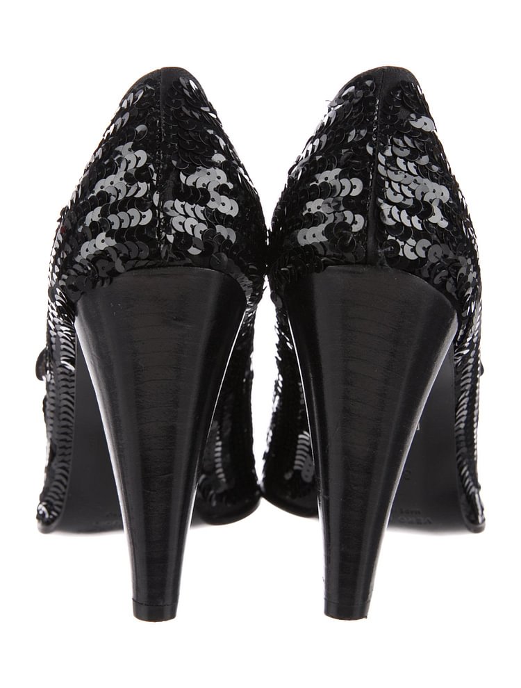 Black Sequined Mary Jane Shoes Round Toe Cone Heels Pumps |FSJ Shoes