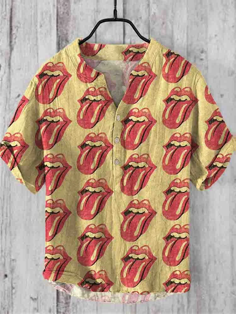 Comstylish Vintage Rolling Stone Lips Print Linen V-Neck Shirt