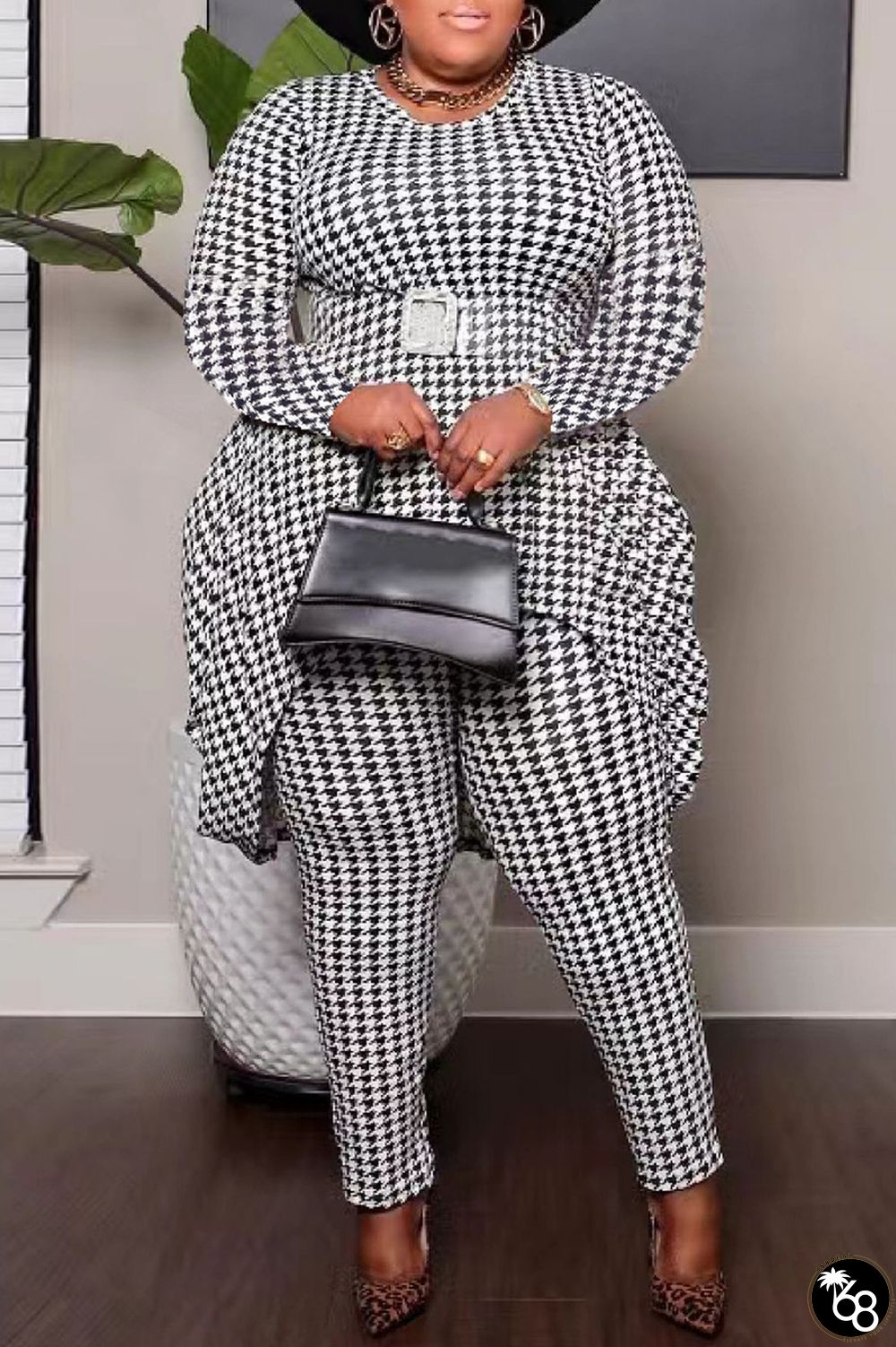 Black Casual Print Asymmetrical O Neck Plus Size Two Pieces | 168DEAL