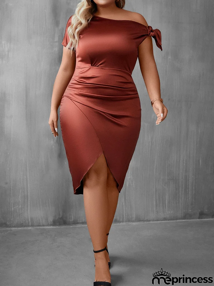 Women Fashion Solid Color Sexy Oblique Shoulder Plus Size Dress