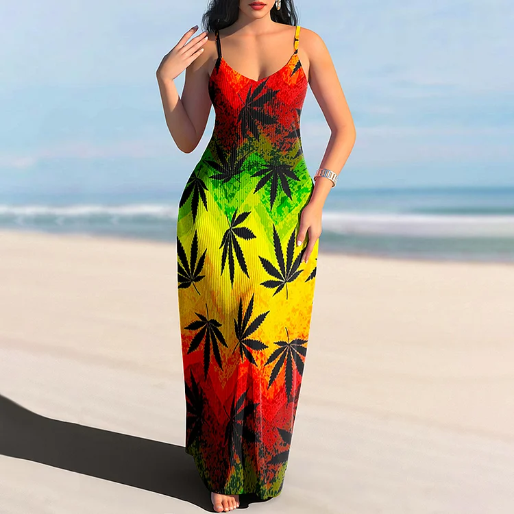 Vefave Rasta Gradient Color Marijuana Leaf Maxi Dress
