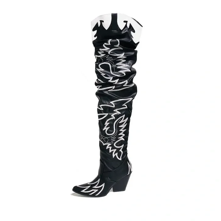 Black Long Boots Embroidered Chunky Heel Over the Knee Boots Vdcoo