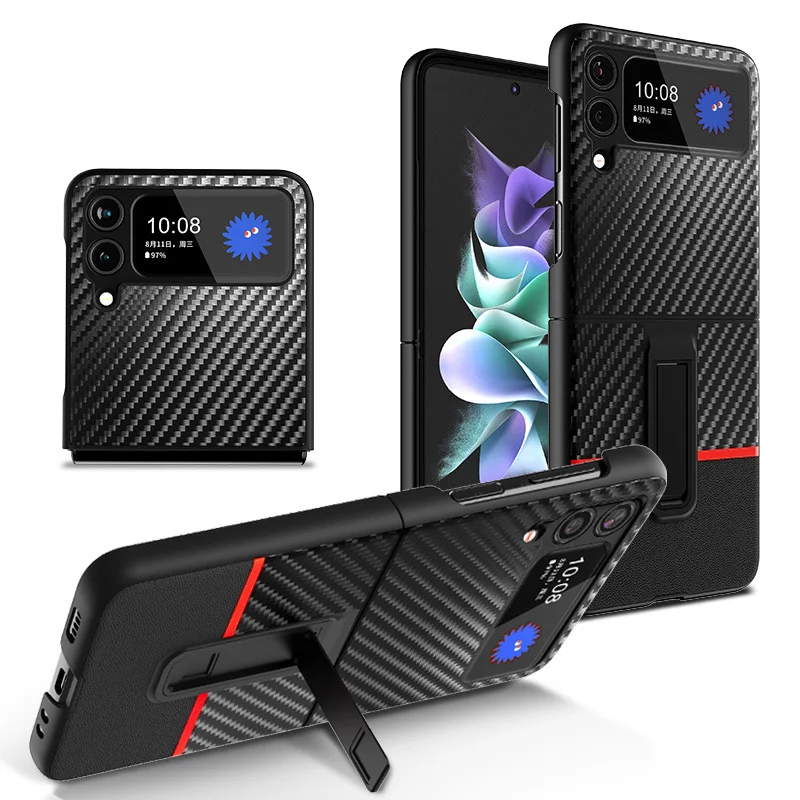 Carbon Fiber Phone Case With Kickstand For Galaxy Z Flip3/Flip4