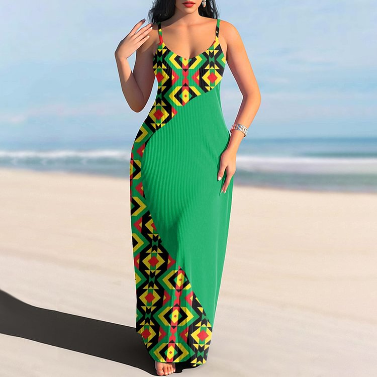Vefave Suspender Juneteenth Contrast Print Maxi Dress