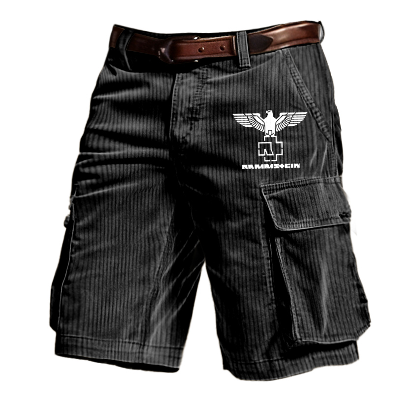 Men's Corduroy Rammstein Rock Band Print Outdoor Vintage Multi Pocket Shorts / TECHWEAR CLUB / Techwear