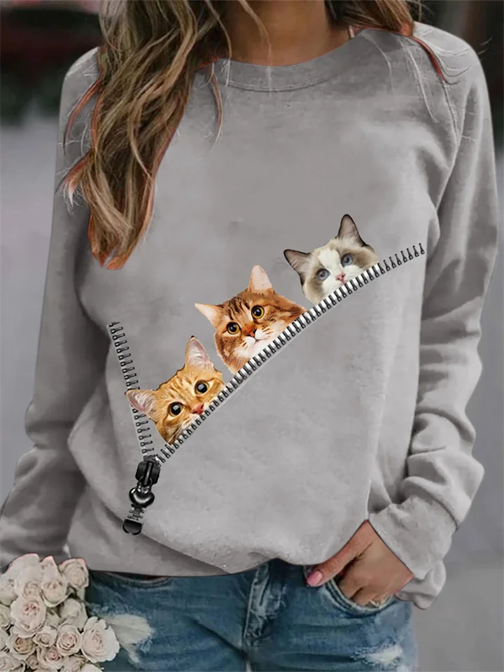 Creative 3d Printing Three Cats Cartoon Summer New Women's Round Neck Sweater