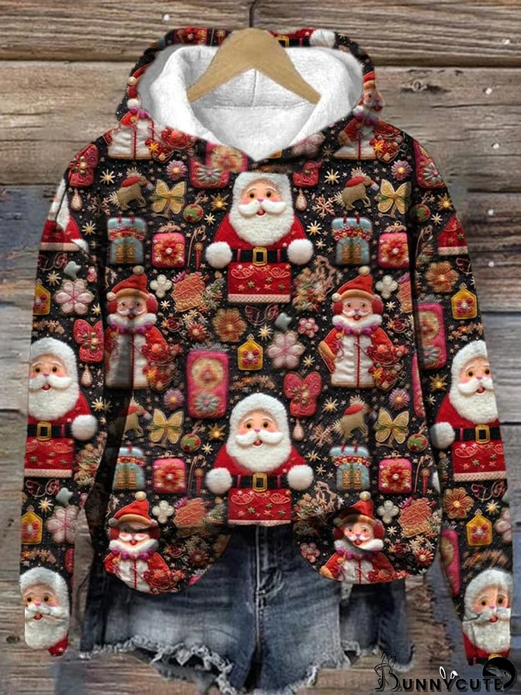 Women's Floral Santa Print Long Sleeve Hoodie