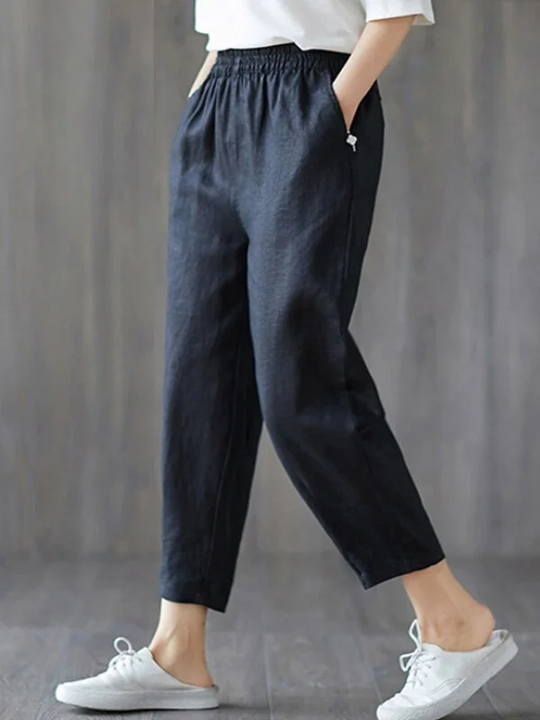 Women's plus size cotton linen elastic pants
