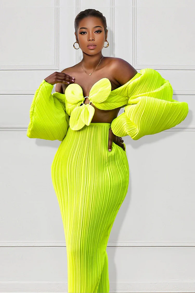 Loragal Off Shoulder Balloon Sleeve 3D Petal Decor Crop Top Midi Skirt Matching Set-Green 