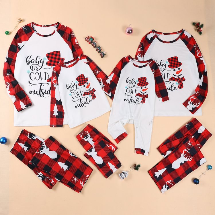 'Baby It's Cold Outside' Snowman Red Plaid Christmas Family Matching Pajamas Sets