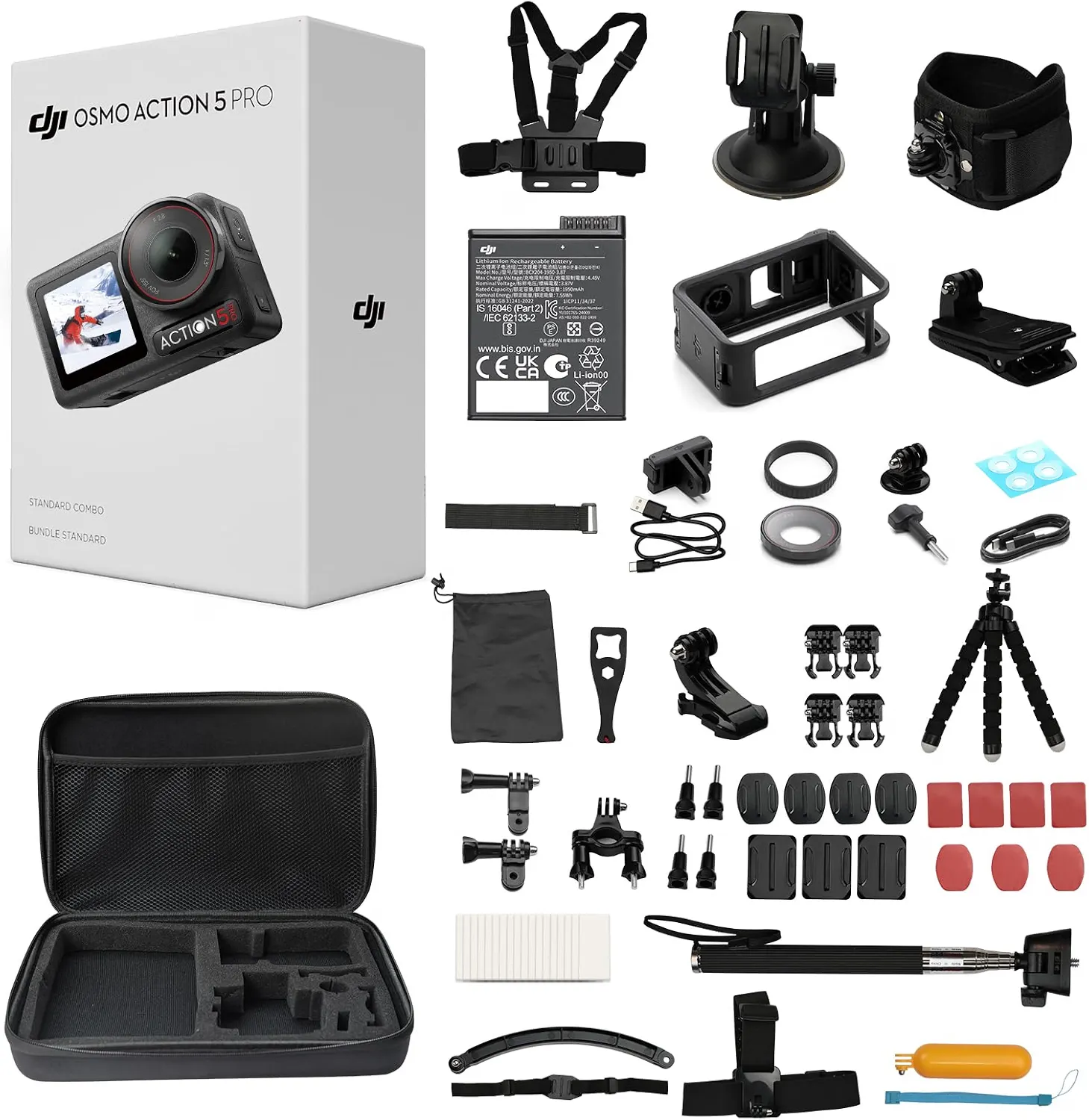 DJI Osmo Action 5 Pro Waterproof Action Camera Bundle, 1/1.3" Sensor 4K/120fps Video, Subject Tracking, 47GB Built-In Storage, Original Essential Combo + 58-in-1 Accessory Kit