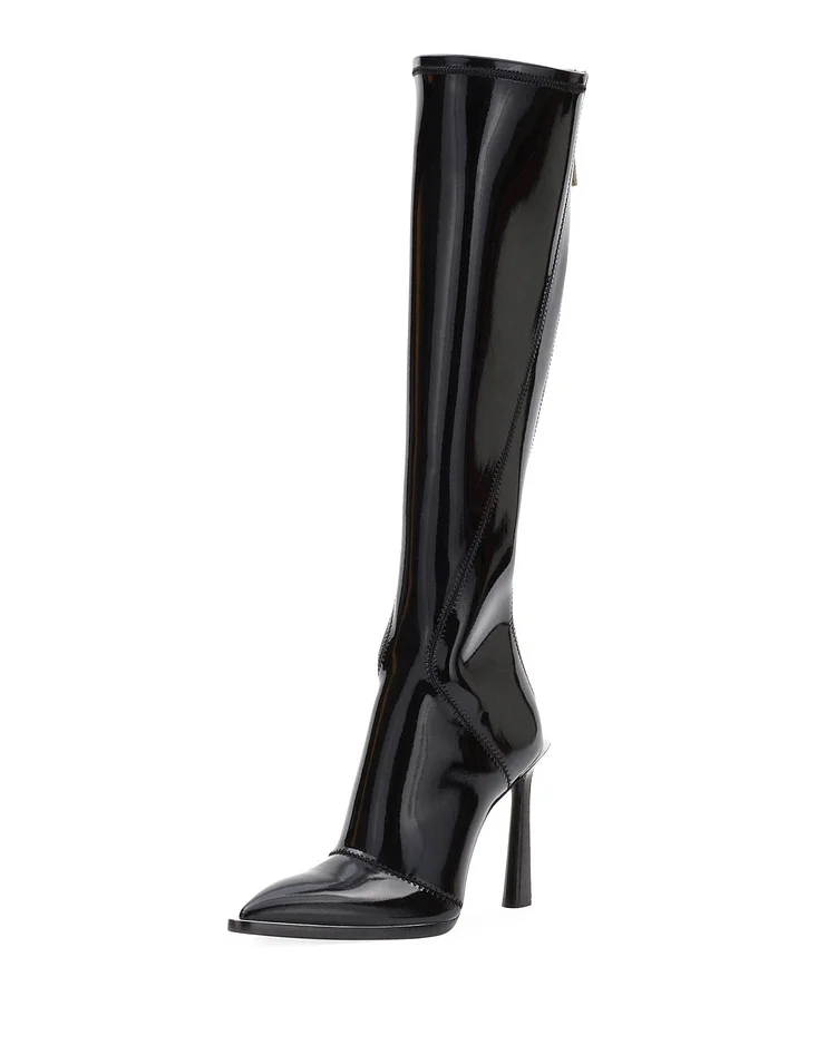 Black Patent Leather Fashion Boots Chunky Heel Boots |FSJ Shoes