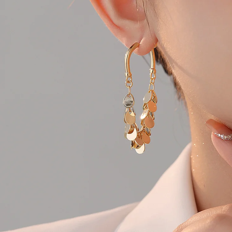 Fringe Pendant Metal Sequins Earrings-Gold