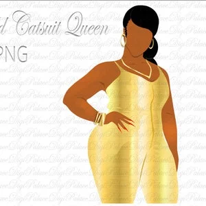 pornhint Pornhint Black Woman in Gold Catsuit Clipart, Curvy Girl Clipart, Girl Clipart, African American Fashion Clipart, Plus Size Clipart