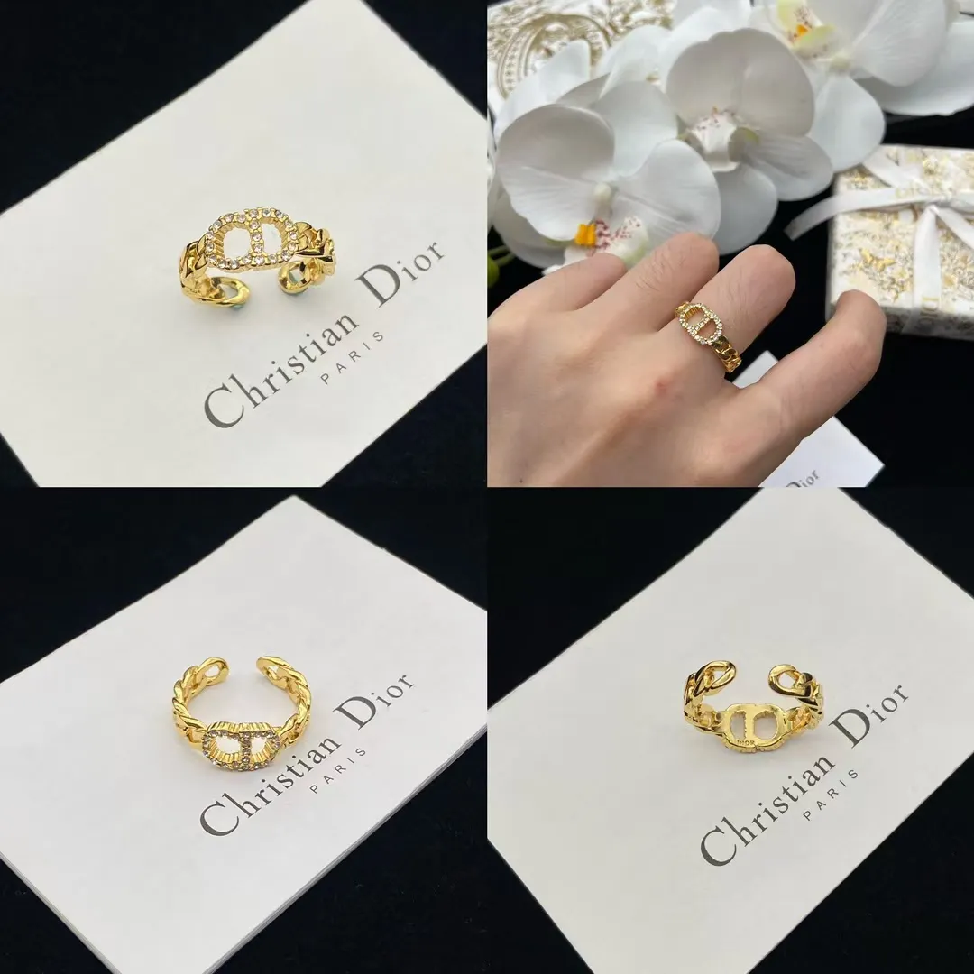 Dior Diamond Paved CD Chain Band Open Ring