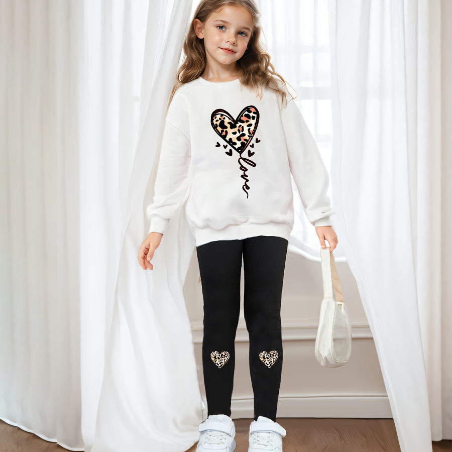 【4Y-13Y】2-piece Girls White Leopard Sweatshirt And Pants Set