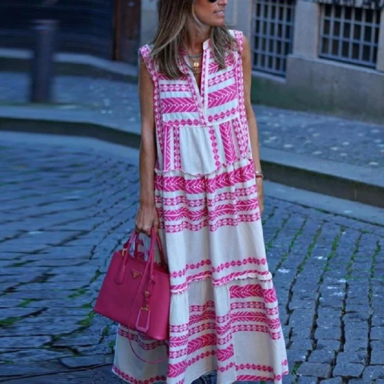 Pink Geo Print Loose Maxi Dress