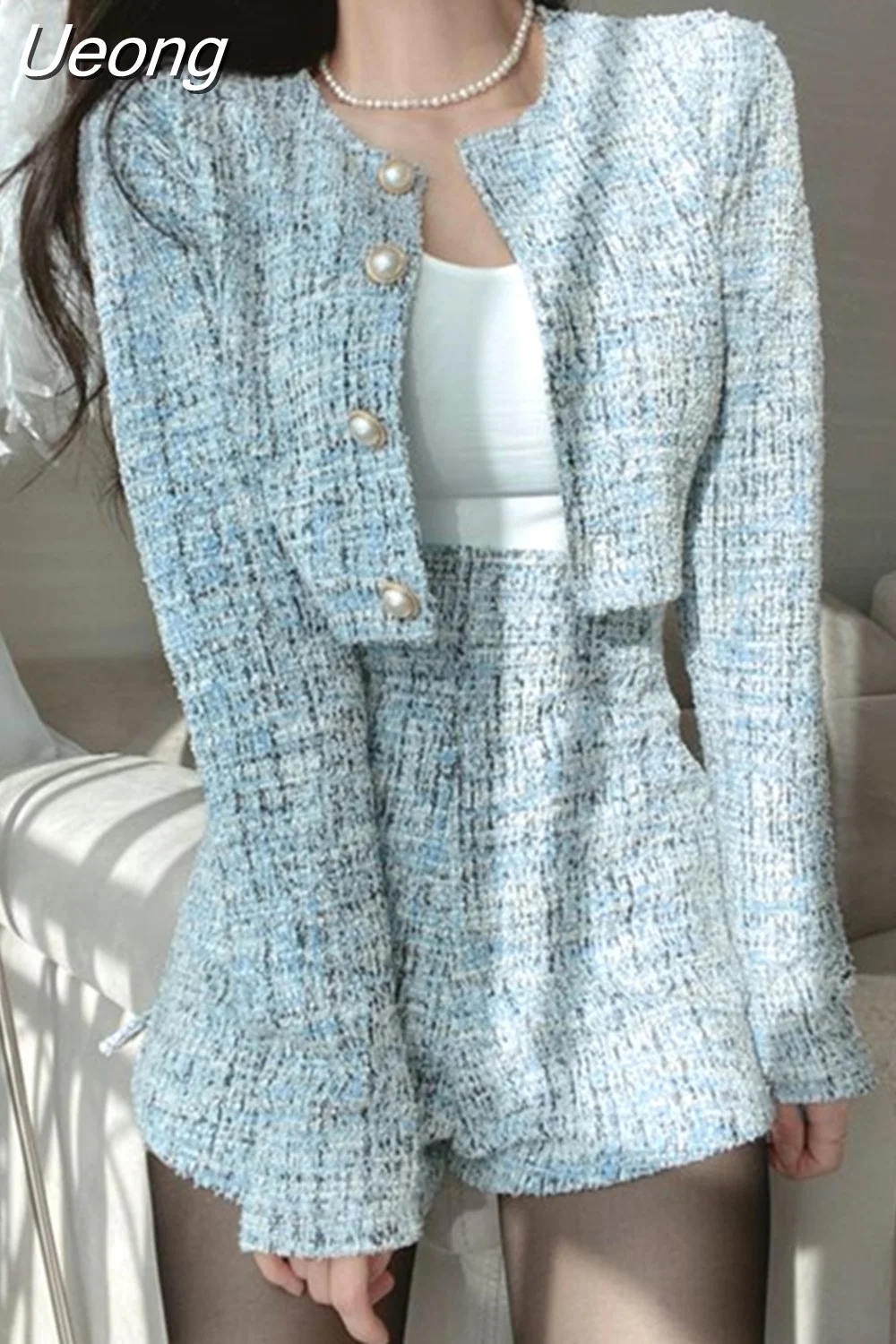 Ueong Fragrant Two Piece Outfit Women Fashion Luxury Plaid Tweed Jacket Tops + High Waist Shorts Suits Sets Woman Clothes