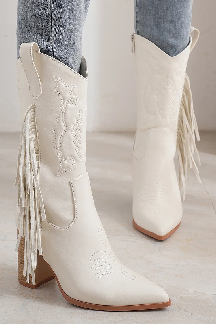 Tassels Trim Totem Embroidery Chunky Heels Mid Calf Boots