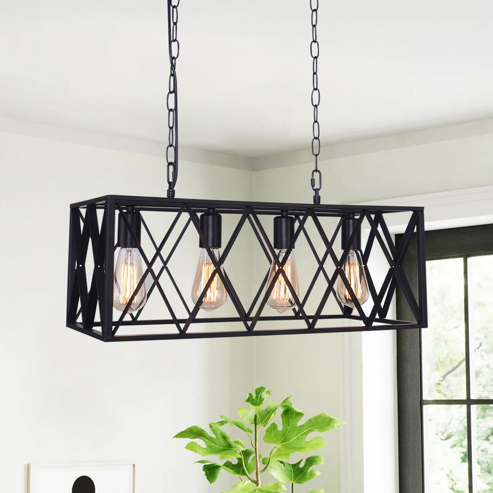 4-Light Industrial Black Metal Rectangle Island Pendant