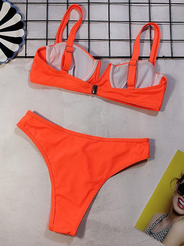 Ribbed V Wired Plain Bikini Swimsuit