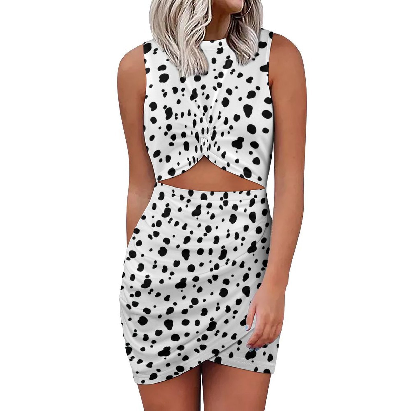 Black And White Dalmatian Print Women's Sexy Cutout Twist Front Bodycon Dress Sleeveless Slim Fit Wrap Hem Mini Tank Dress Black And White Dalmatian Print Women's Sexy Cutout Twist Front Bodycon Dress Sleeveless Slim Fit Wrap Hem Mini Tank Dress