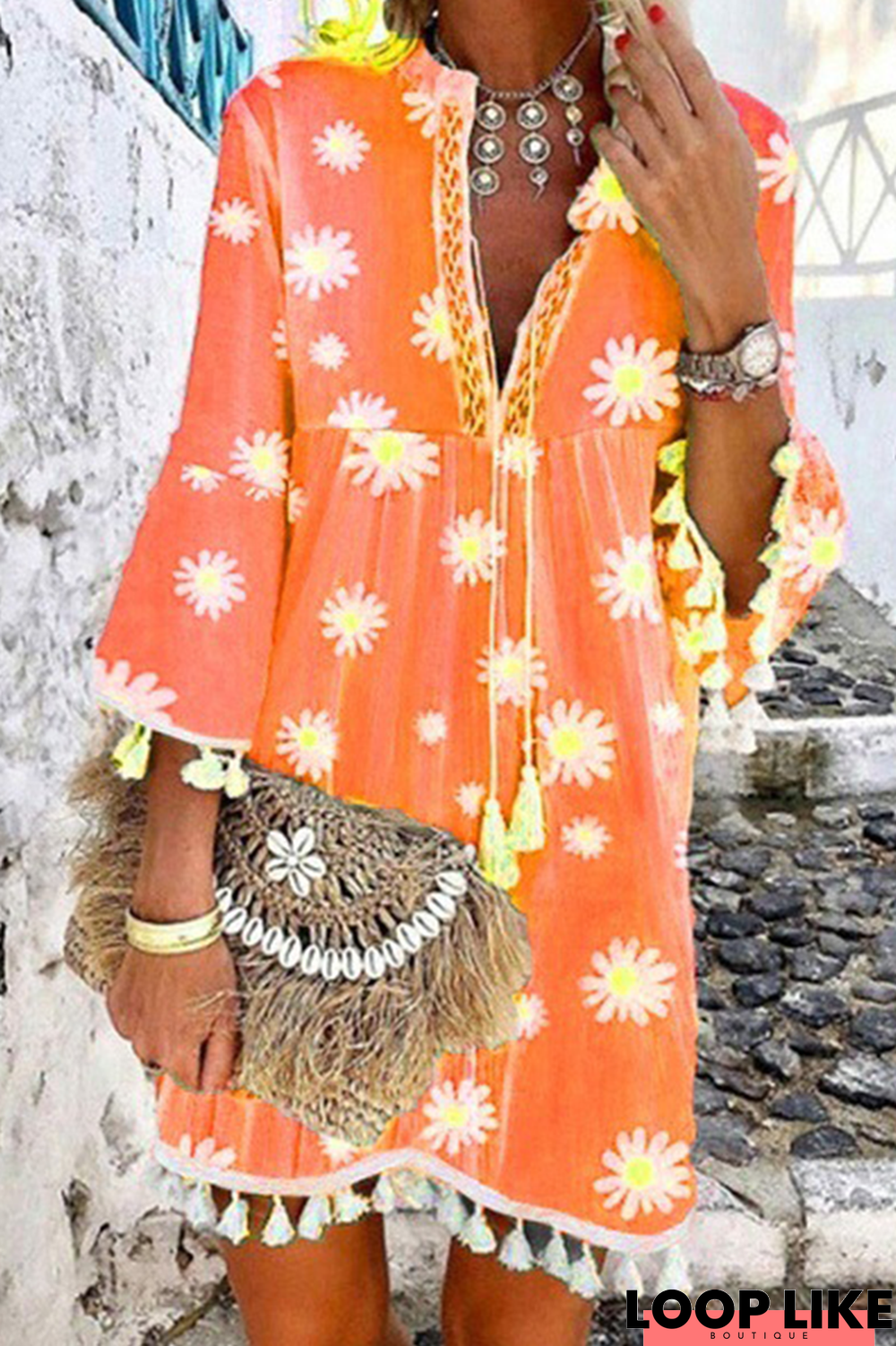 Elegant Patchwork Floral Tassel V Neck A Line Dresses(5 Colors)
