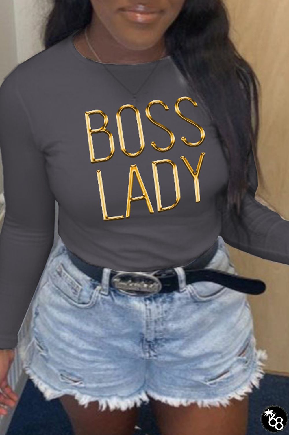 Dark Gray Street Print Letter O Neck Tops | 168DEAL