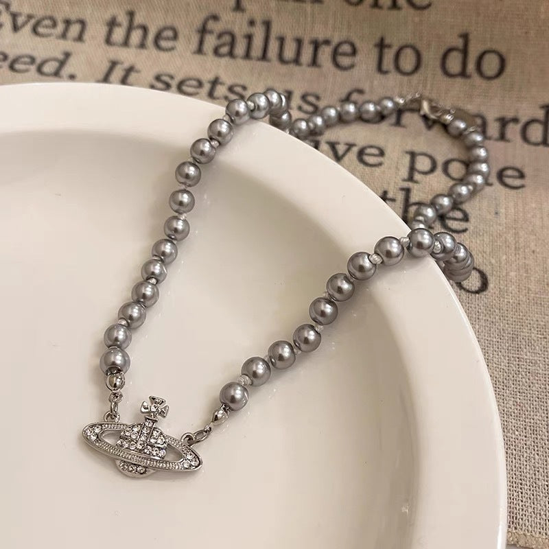 Vivienne Westwood Saturn Pendant Grey Pearl Necklace