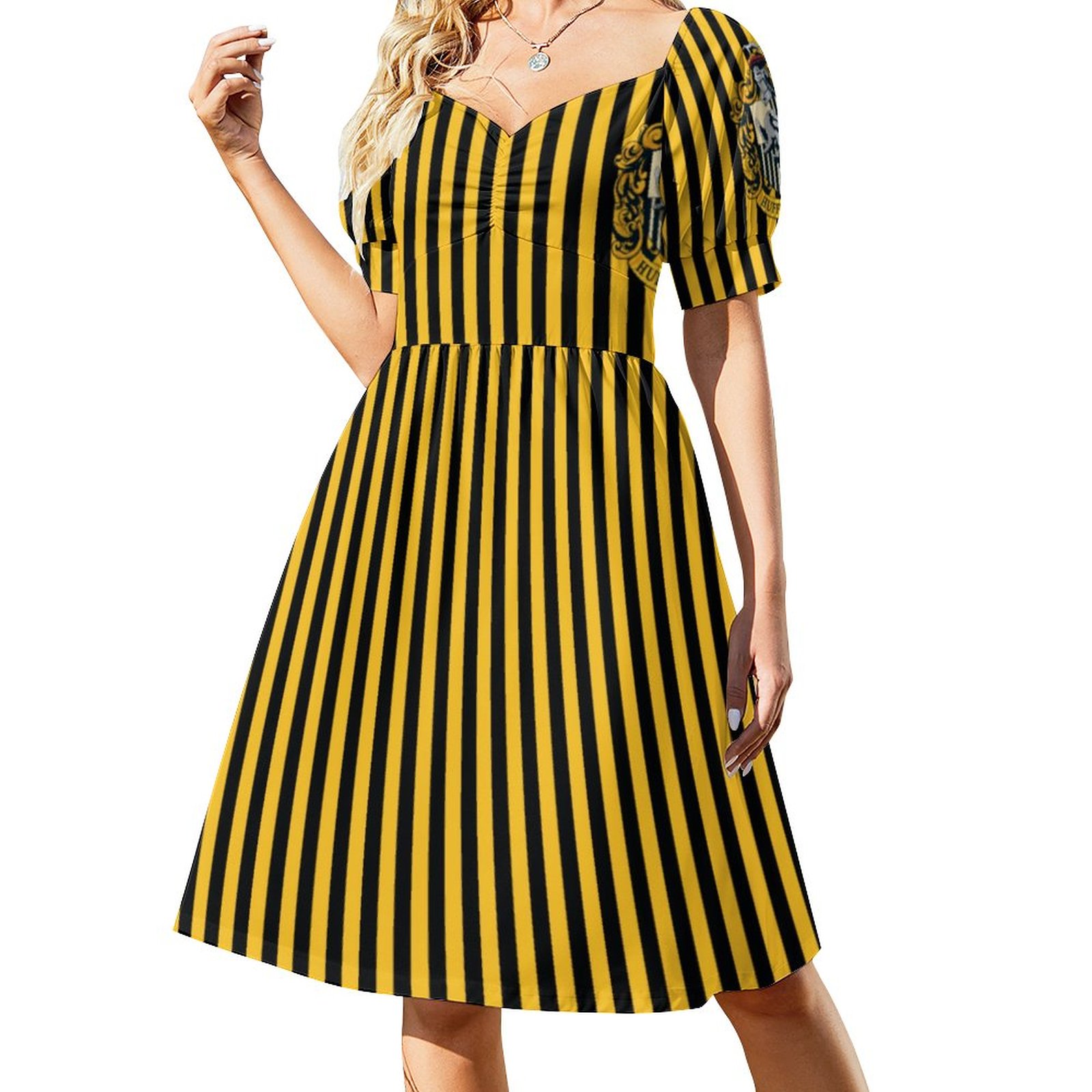 Magic Hufflepuff Crest Dress Women Boho High Waist Flared Puff Sleeve Cute Sweetheart Midi Dress Yellow-4XL