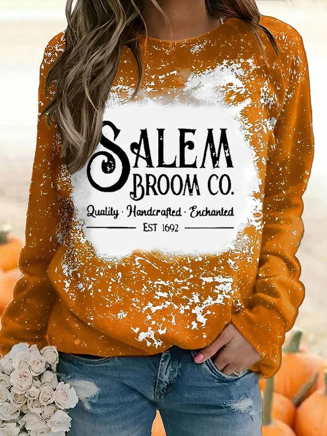 Women's Salem Broom Co Quality Handcrafted Enchanted Est 1692 Tie Dye Printed Round Neck Long Sleeve Sweatshirt