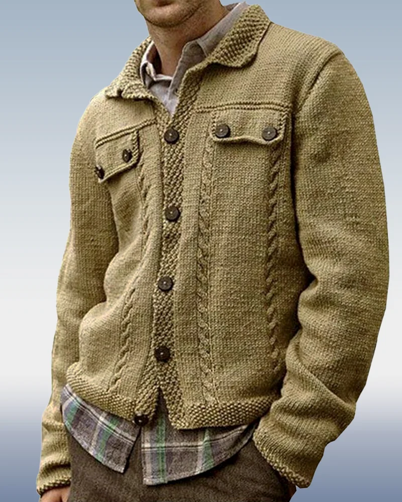 Men's Lapel Long Sleeve Single Breasted Knit Sweater