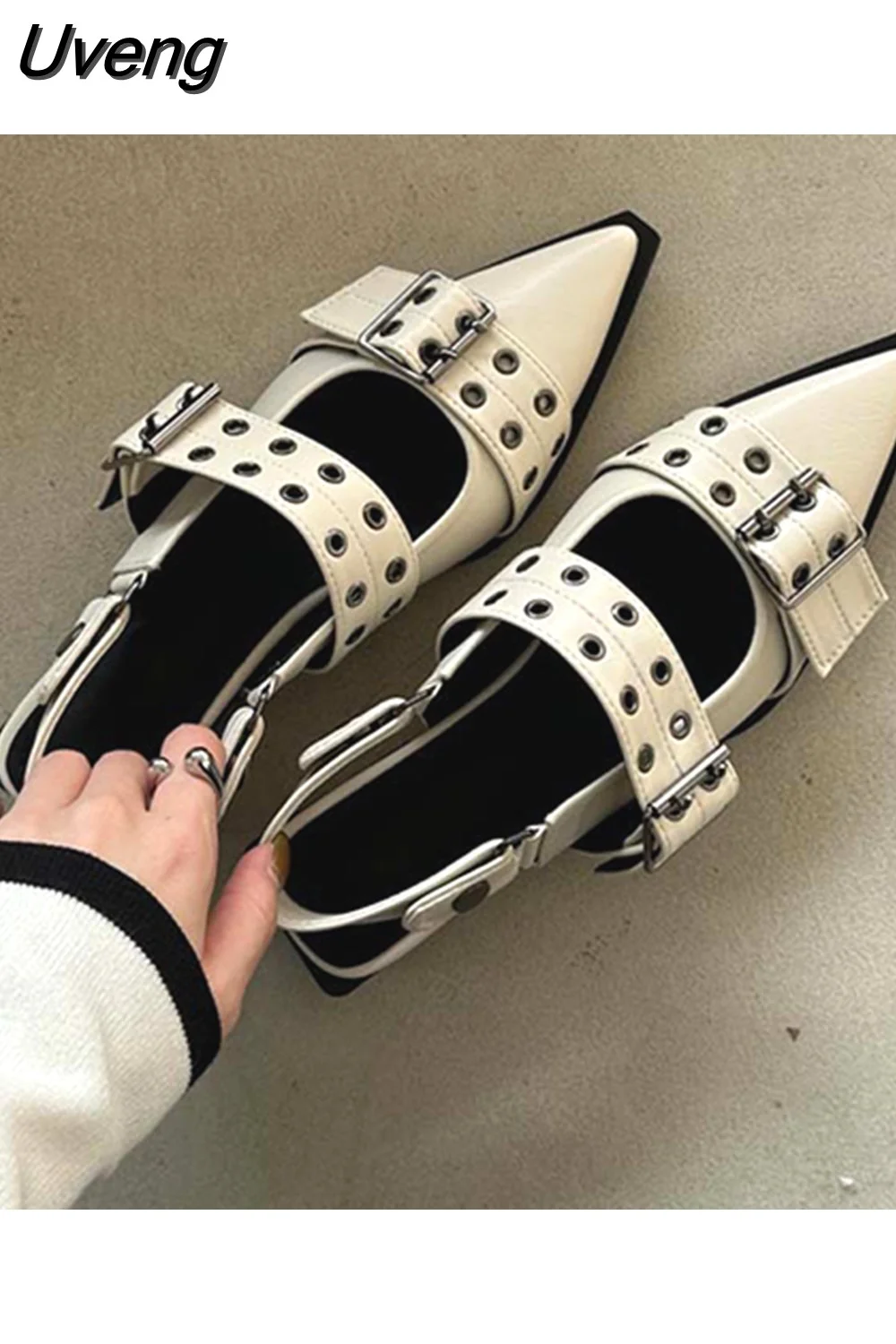 Uveng Women Sandals Retro Punk Style Pointed PU Leather Solid Sandals Casual Female Metal Buckle High Heels Pointed Toe Shoes