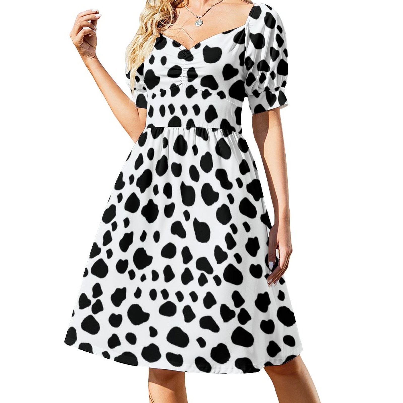 SFNEEWHO Cow Print Cow Pattern Cow Spots Black And White Dress Women Boho  High Waist Flared Puff Sleeve Cute Sweetheart Midi Dress