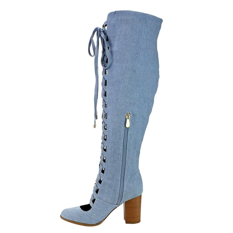 Blue Denim Lace Up Boots Side Zipper Chunky Heel Over-the-knee Boots |FSJ Shoes
