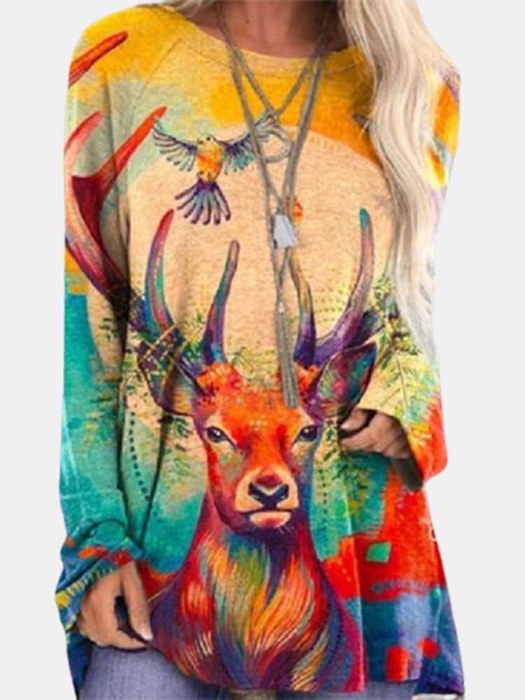 Cartoon Printed Long Sleeve O neck Asymmetrical T shirt For Women P1771482