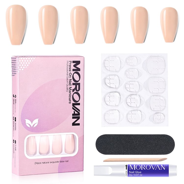 24PCS Fake Nails 14 Sizes Natural Nude Press On Nails Kit