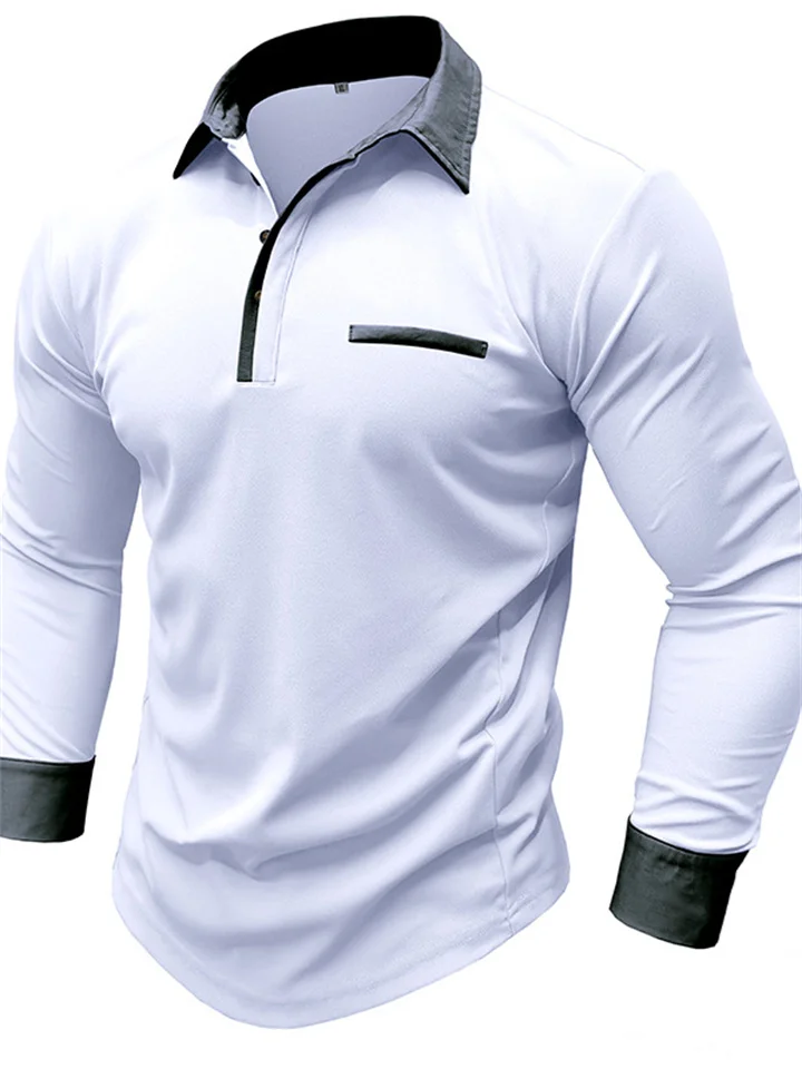 New Men's Casual Long-sleeved Color Collision Lapel Polo Shirt Henley Shirt Bottoming Men's Tops M-XXXL-Cosfine