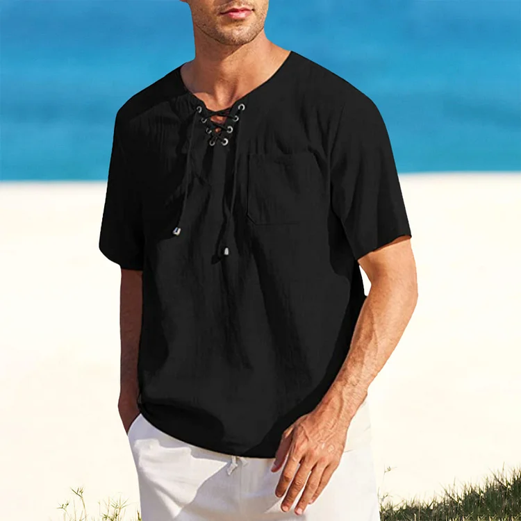Men's Tie Pocket Loose V-Neck Solid Short Sleeve Shirt