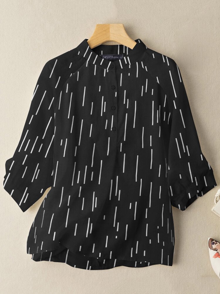 Stripe Button Stand Collar Casual Blouse