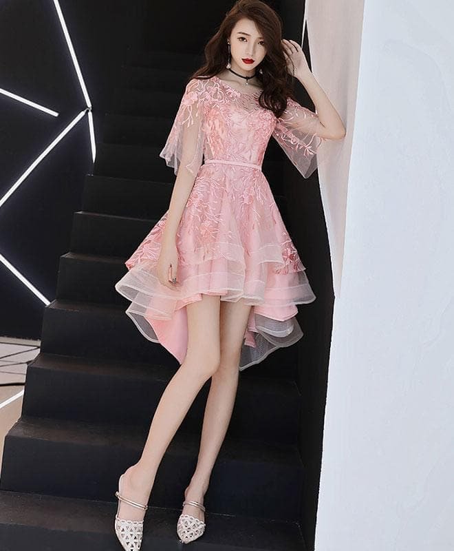 Pink Round Neck Tulle Lace Short Prom Dress, Pink Homecoming Dress